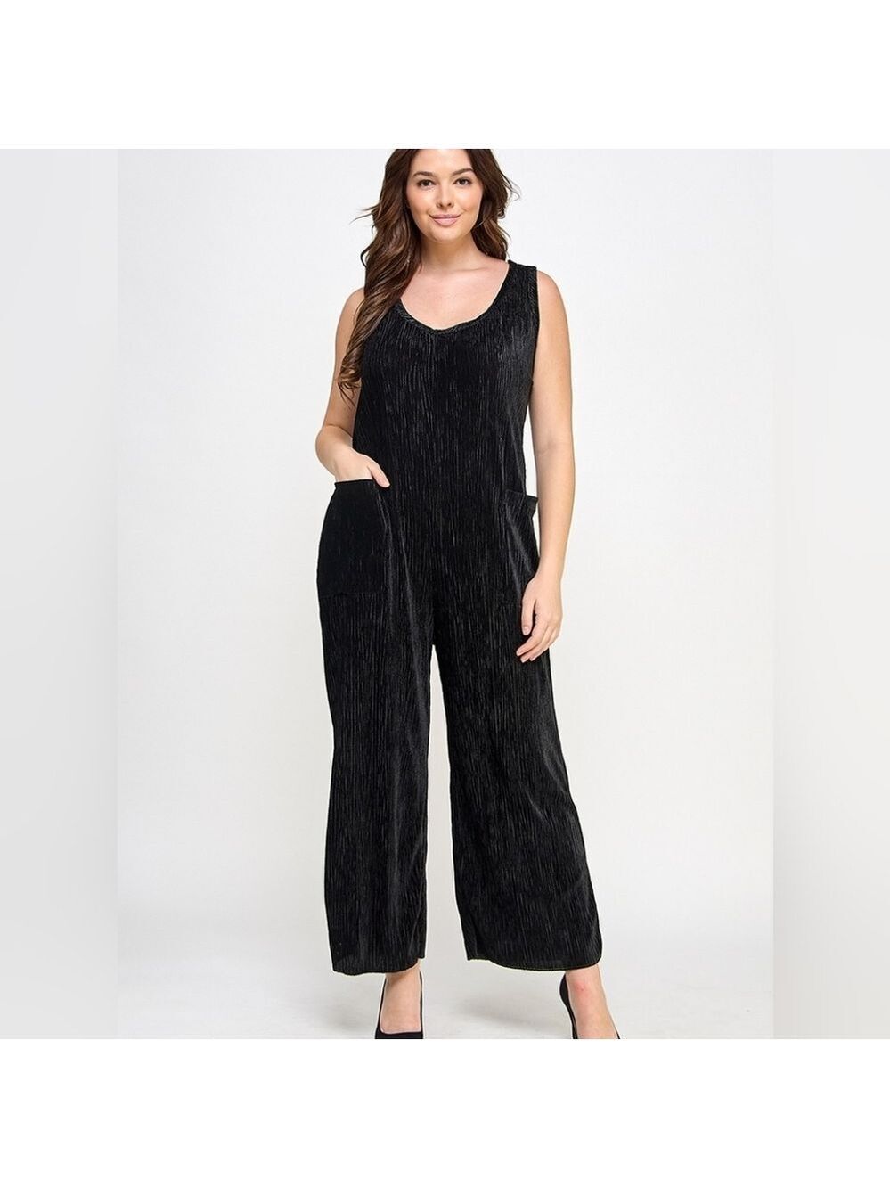Elegant Black Velvet Sleeveless Jumpsuit Plus Sizes